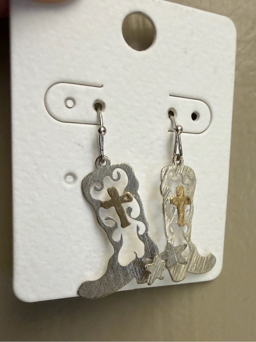 Silver & Gold Cross Cowboy Boot Earrings